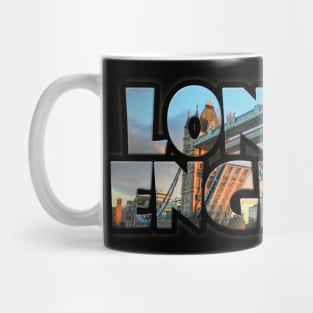 London, England Label with Tower Bridge Mug